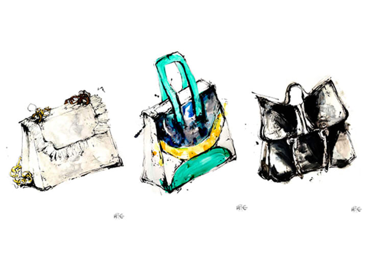 COLLECTIIllustration: Hayley McDonald, BA (Hons) Fashion Illustration. Bags created by Max Cunningham, Isabella Kerovirta, Sienne McNiven – all BA (Hons) Cordwainers Fashion Bags and Accessories.ON-BAGLADIES_(c)Hayley_McDonald