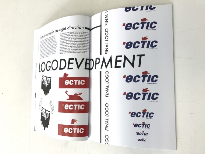 an image of an open 'logo development' magazine