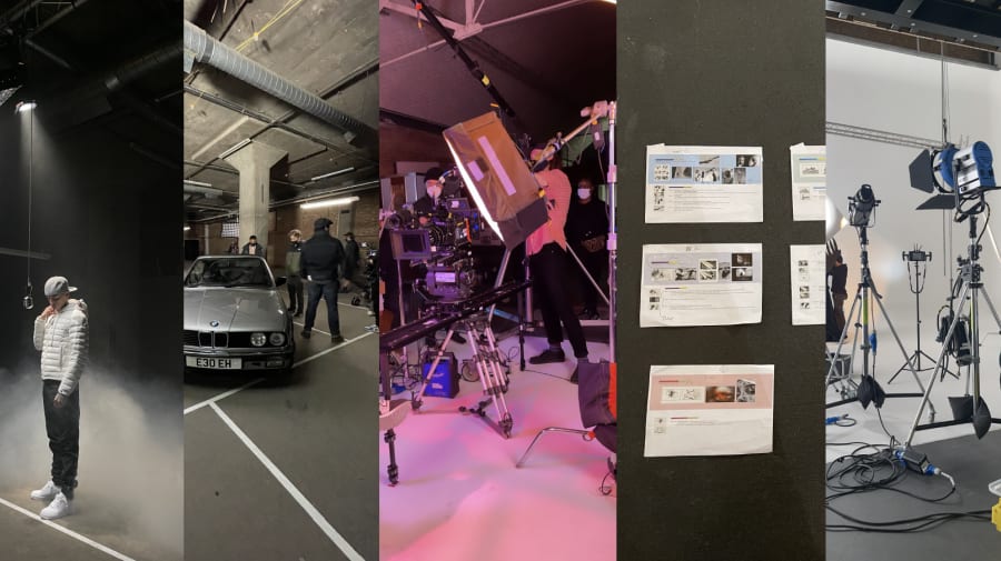 5 images showing behind the scene on set of a music video