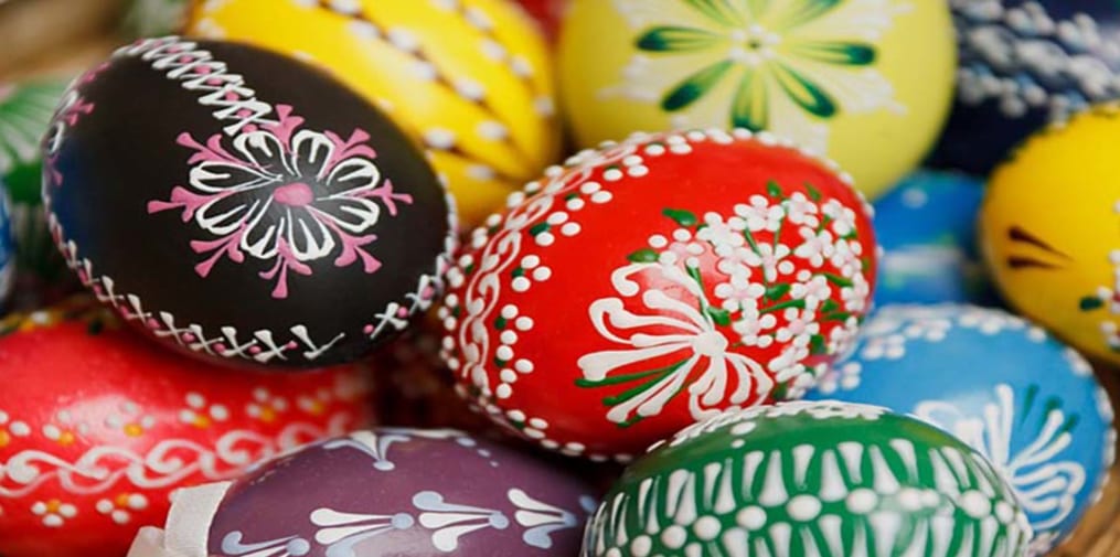 Brightly painted and decorated eggs 