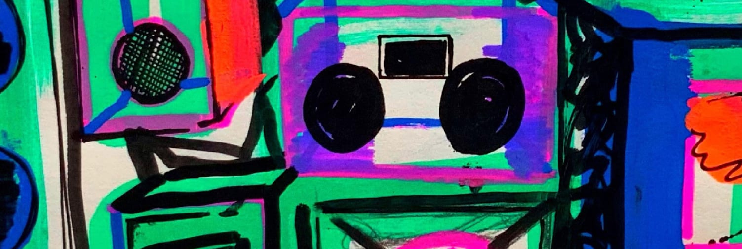 Close up of colourful sketch of TVs and speakers