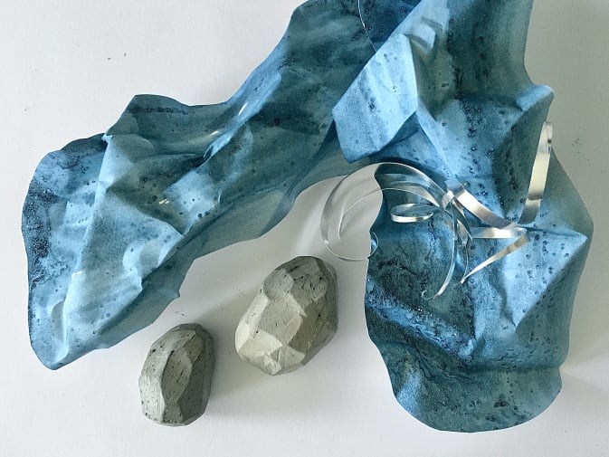 studio experiments (from the video)- fabric dye and salt on paper, air dry clay, aluminium 