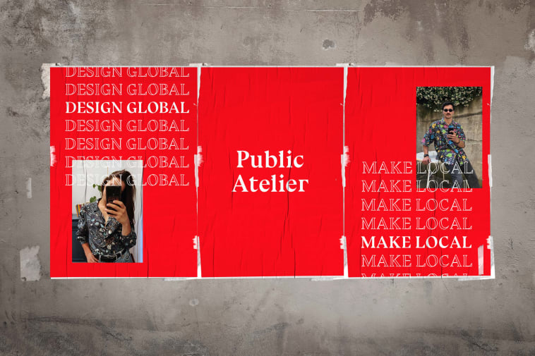 Red posters reading 'Public Atelier' on wall