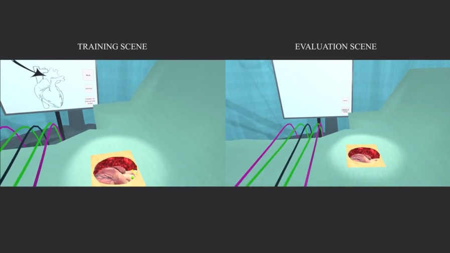 A split-screen of a virtual heart by-pass surgery room.