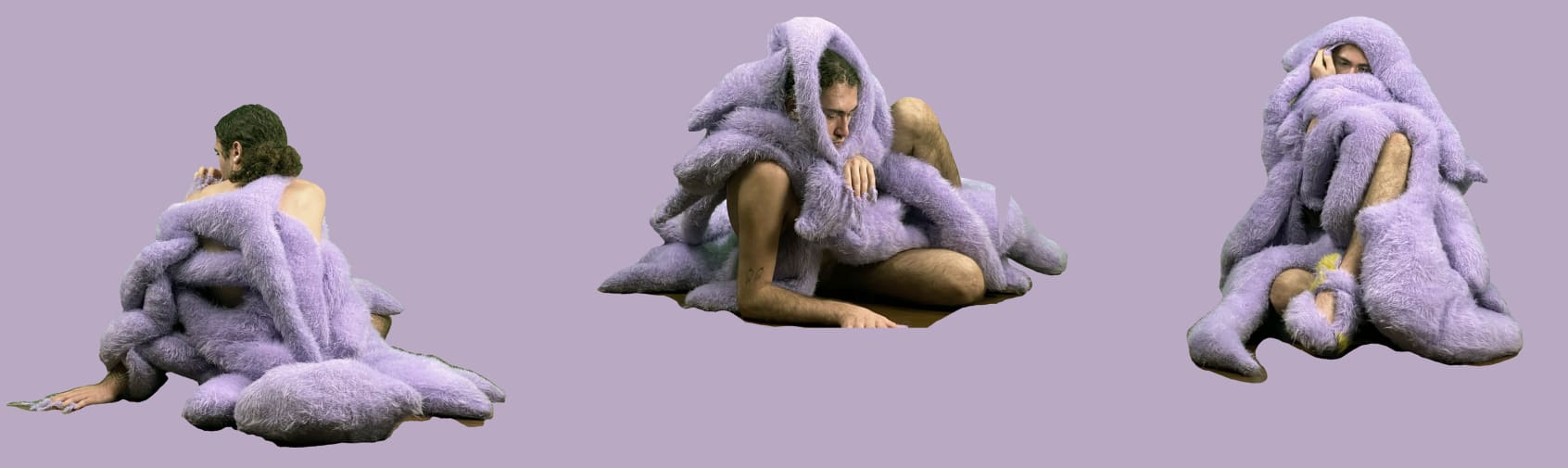 Stephanie Uhart's BA work, purple comfort, model in furry covering.