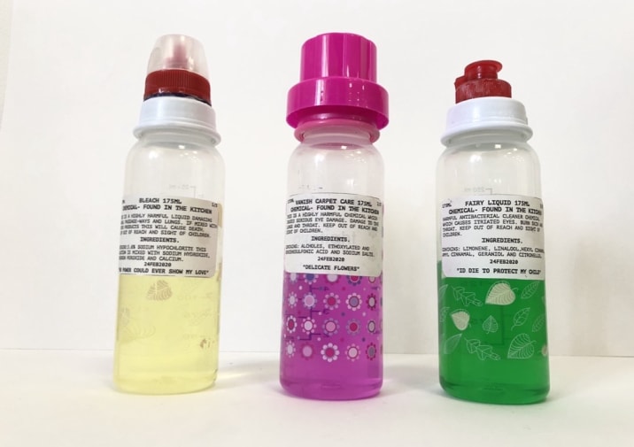 Artwork of baby bottles filled with chemical cleaning products