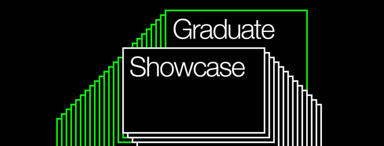 A black, white and lime green banner which reads 'Graduate Showcase' surrounded by geometric lines.