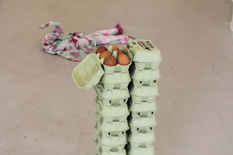 Photo of an egg carton and coloured textile installation featured in the You are the Good Morning exhibition at Honeymoon 226.