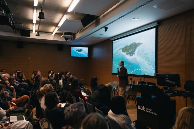 Chris Bellamy talking to the public, presenting his work