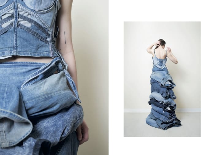 Gown made of 13 pairs of blue jeans