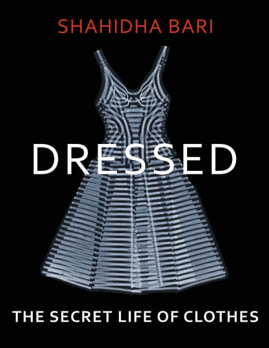 Book cover with black background and x-ray image of a-line dress