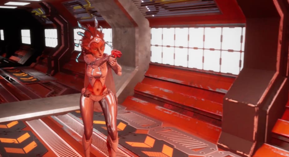 Computer animated female-looking alien creature points a gun as she walks down a futuristic corridor