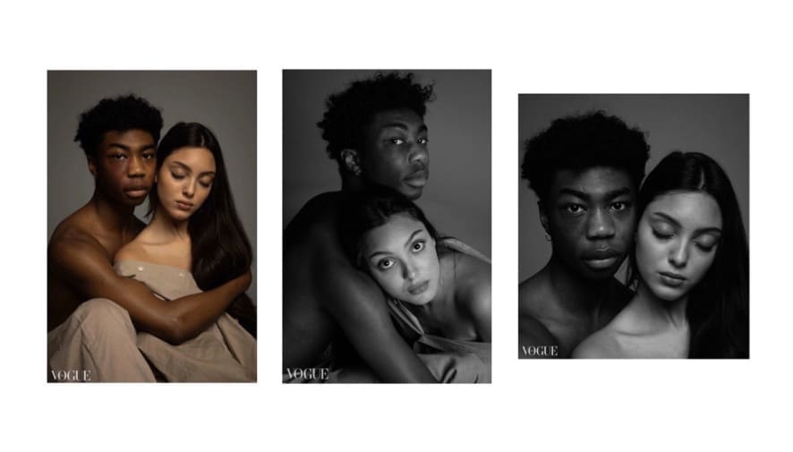 Three photographs of a man and a woman posing in gentle colours, reminiscent of Daphne and Apollo.