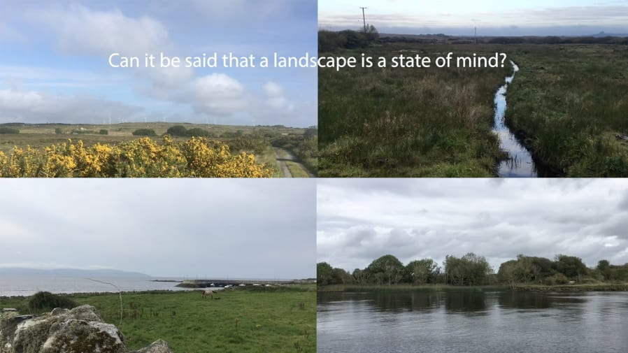 Still from film showing a screen split into 4 quarters. Each shows a different image of a landscape. At the top of the screen across the images are the words: Can it be said that landscape is a state of mind?