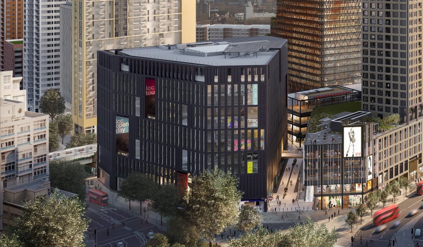 Visualisation of the new LCC building – a tall, large black structure with tall windows, with trees and a roundabout in the foreground, and tall new buildings in the background