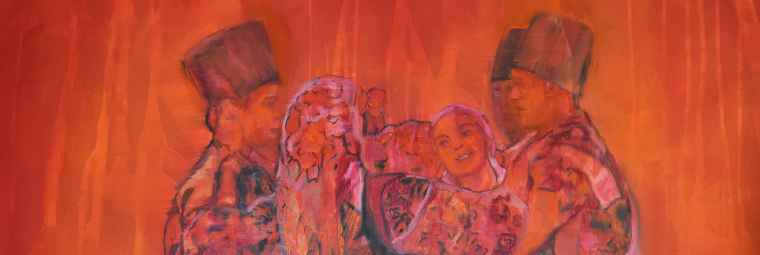 Orange canvas painting of 6 people doing romanian folk dancing