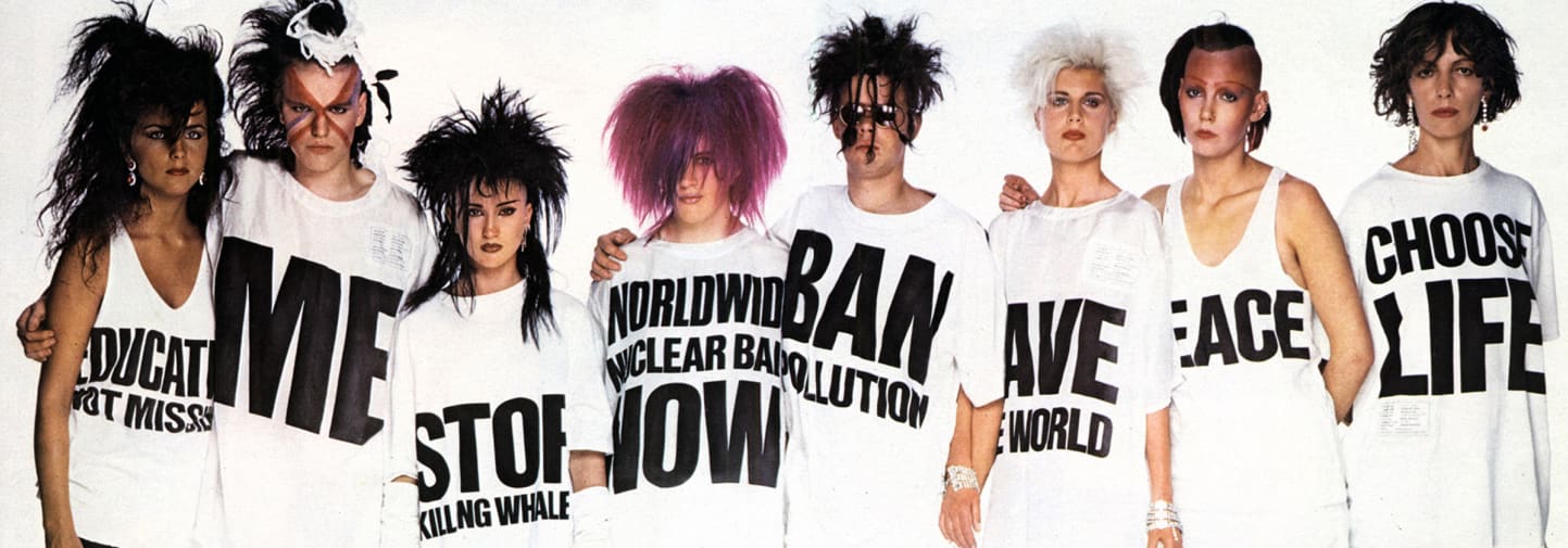 Line up of people wearing protest t-shirts