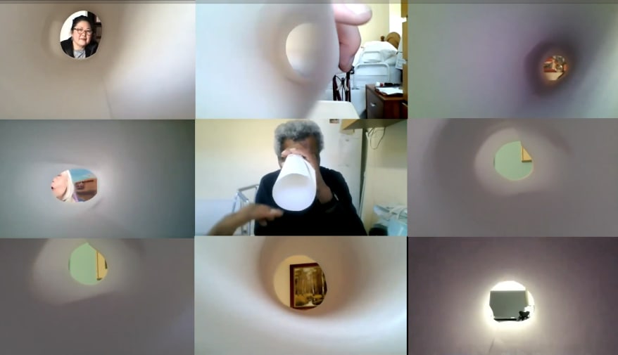 A screenshot of individual screens each with a distorted tunnel effect on screen. People are visible in some of the squares