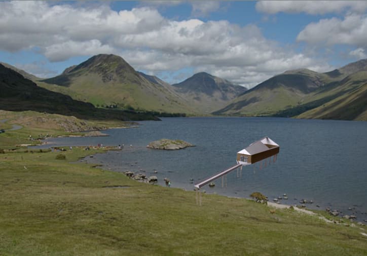 Landscape with a lake and mountains and her model.