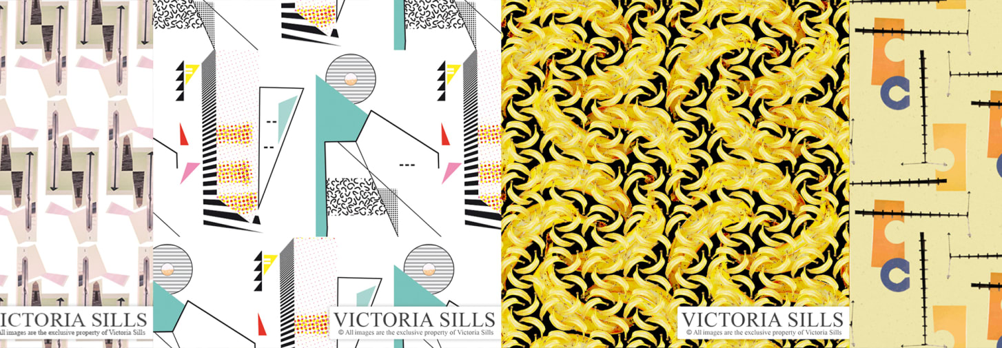 Victoria Sills created pattern, 4 panels with green and pink blocks, bananas, 80s print and orange/blue/yellow.