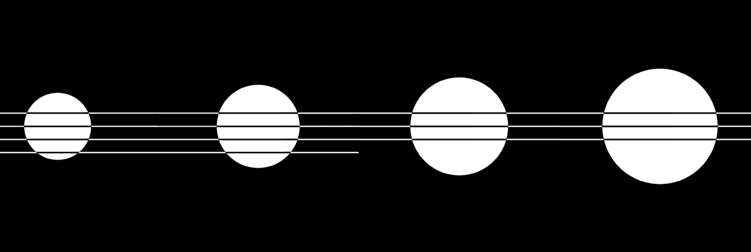 Monochrome image of horizontal lines and white circles against black background