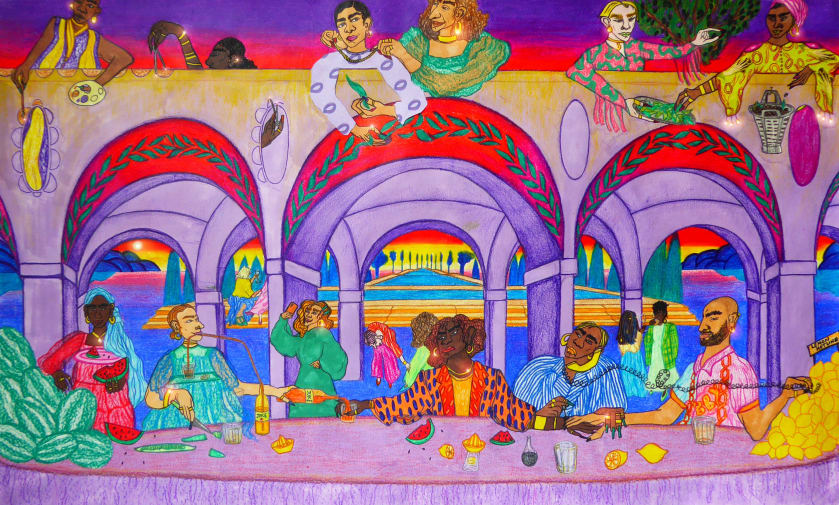 Brightly coloured pencil drawing of figures sitting at a table with others observing from above