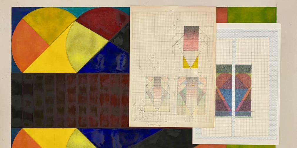 Items from the Jo Ann Kaplan Archive, including one large artwork, in what appears to be gouache or watercolour on paper. It appears to be like an abstracted heart with a gap or brick wall through it. On top are laid two additional preliminary sketches on gridded paper showing the same motif, with different colour patterns.
