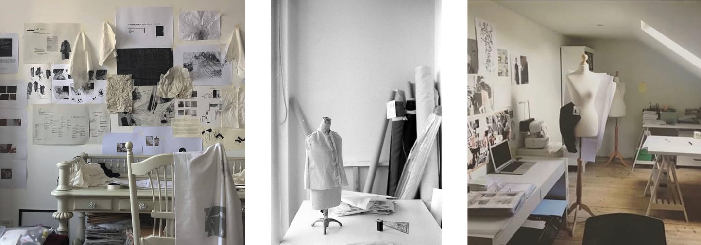 Design studios with different elements like mannequins, moodboards and design patterns