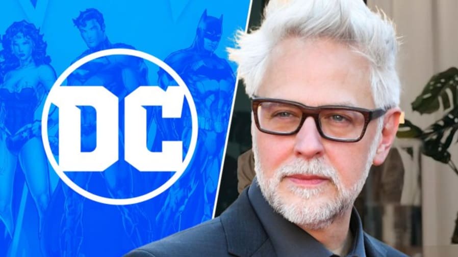 James Gunn, a man with white hair and glasses, imposed over a graphic showing the DC Comics logo and characters such as Superman and Batman.