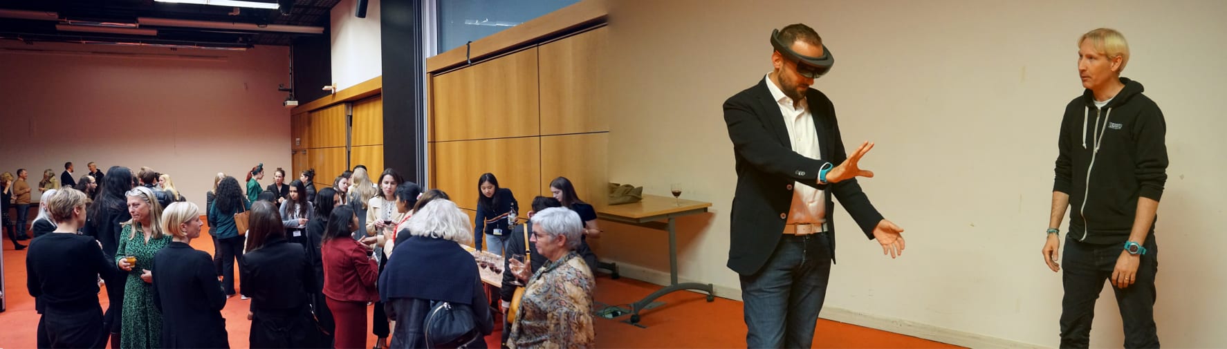 Image of people networking and with matthew drinkwater using virtual reality