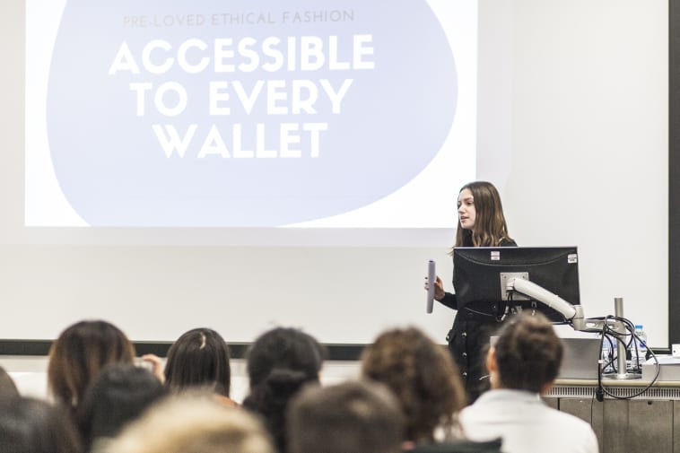 UAL student Hanna Moedder pitching her business idea in front of a live audience. 