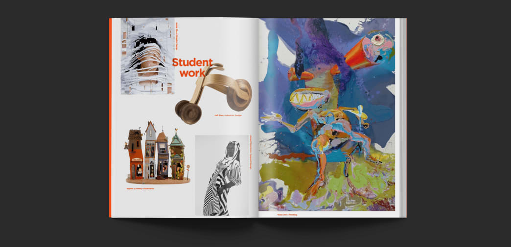 Double page spread with on the left and photograph collage on the right 