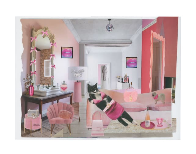 A graphic design image of a reclining cat in a pink and white interior