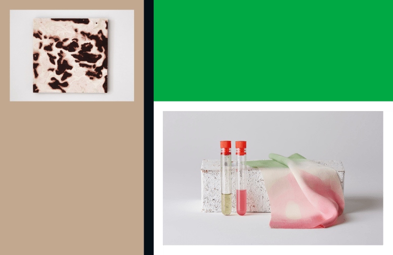 Composite image with green and brown blocks and two images of work (one brown tile and one red material with glass vials)