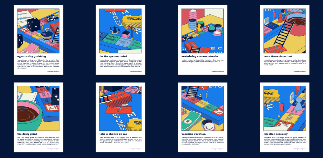 A set of colourful illustrated postcard with prompts for designers for their wellbeing and mental health