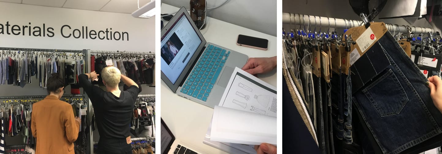 Group of students selecting fabrics from a clothe rail and laptop on table desk