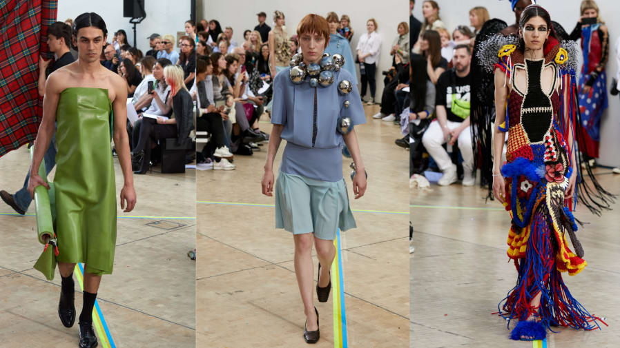 A trio of images of models on the catwalk in garments of different styles