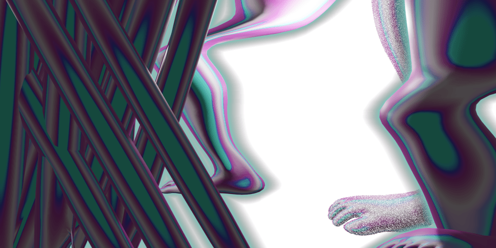 Image still from artwork: a criss cross pattern in green with gray and pink edges, with feet and legs that disappear behind it.