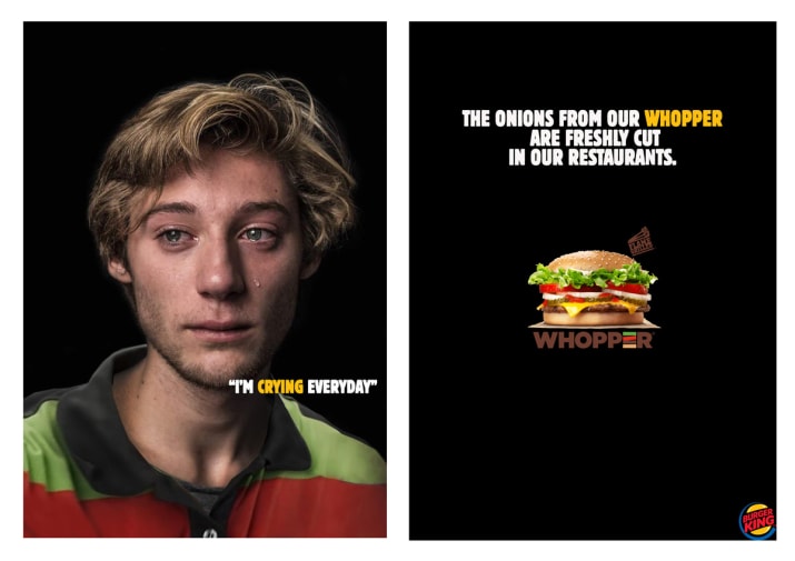 Two posters for Burger King. Left has a photo of a crying employee with the caption 