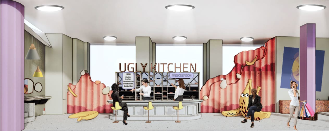 Digital image of lab and shop with 'Ugly Kitchen' written above central kiosk and people sitting on giant bananas