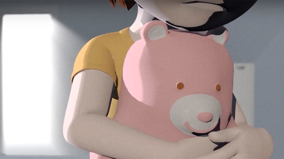 A child's figure cradles a pink teddy bear.