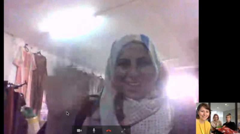 Screenshot of a woman on a Skype call