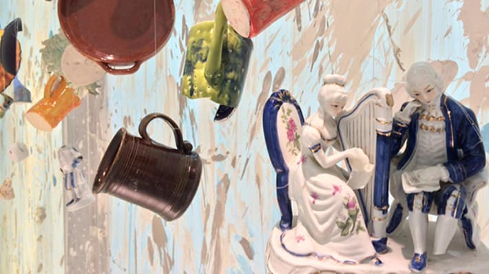 Ceramic pieces hung up in the Window Gallery at Central Saint Martins