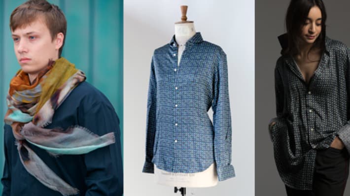 Three way image of man wearing a scarf, a shirt on a mannequin and a woman wearing a shirt