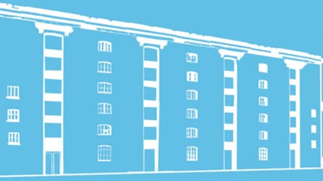 An illustration of the Granary Building on a blue background