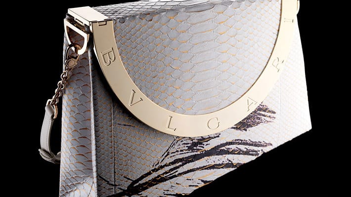 Photo of a small grey Bulgari handbag