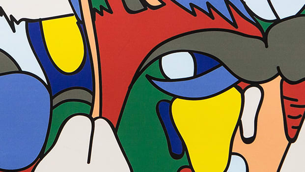 Cropped image of a student illustration: a face made-up of multiple coloured shapes .