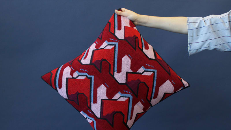 Hand holding a red patterned cushion