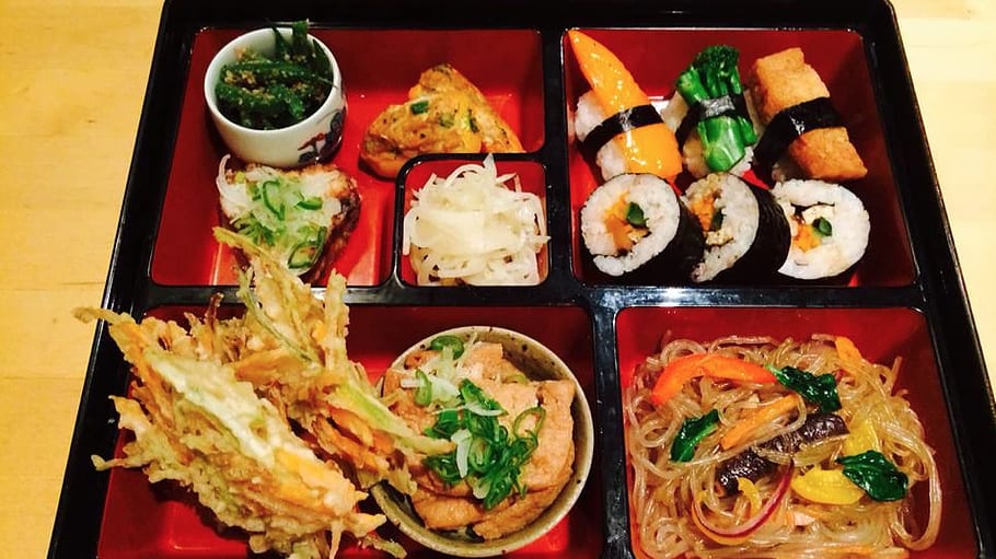 A filled bento box on a table