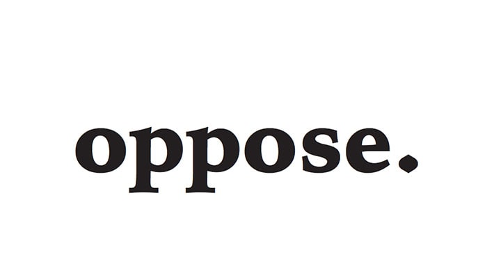 Front cover of Oppose Magazine: a white background with the word 'Oppose' written across